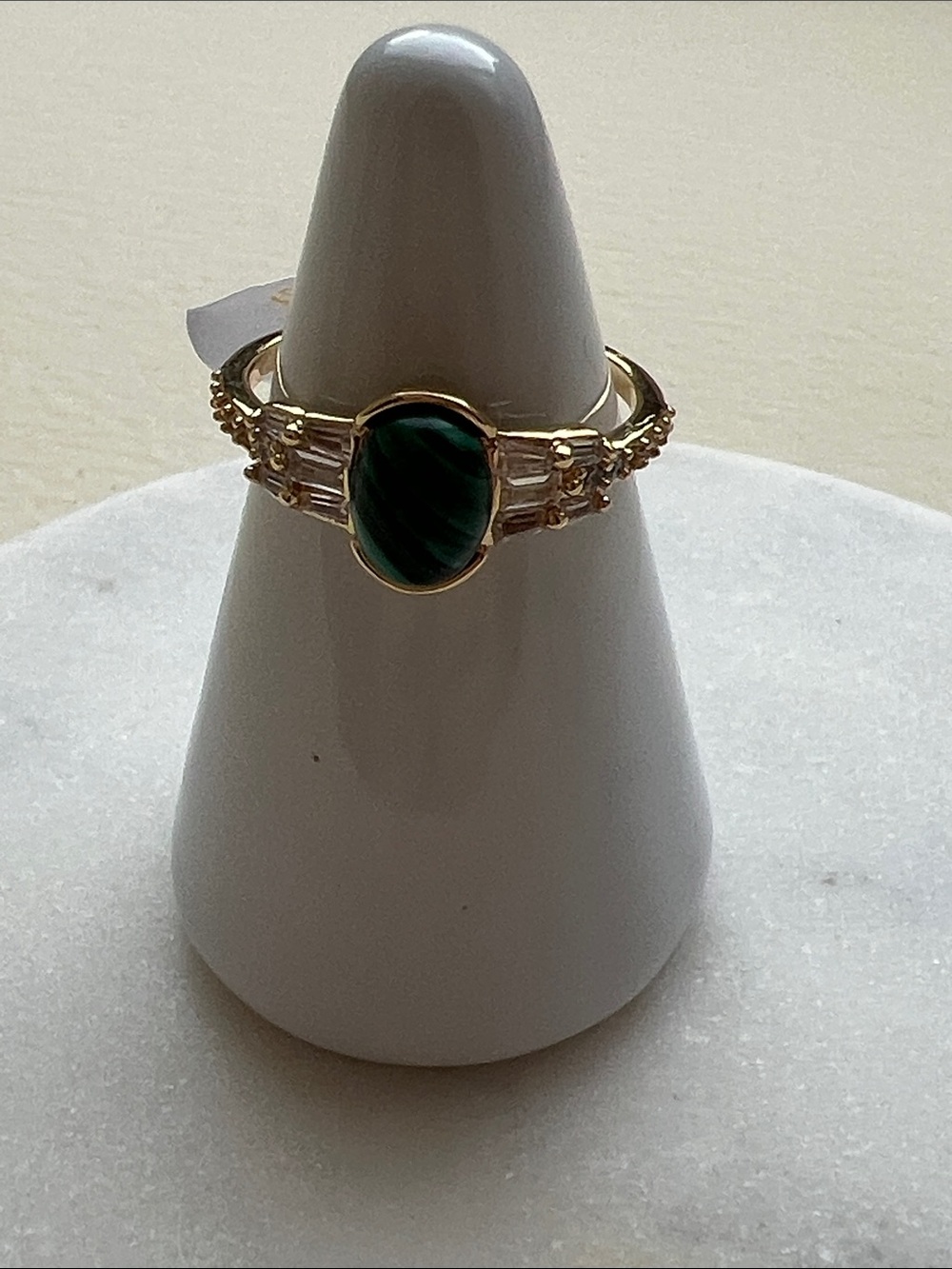bp Gold-Tone Ring with Green Oval Stone